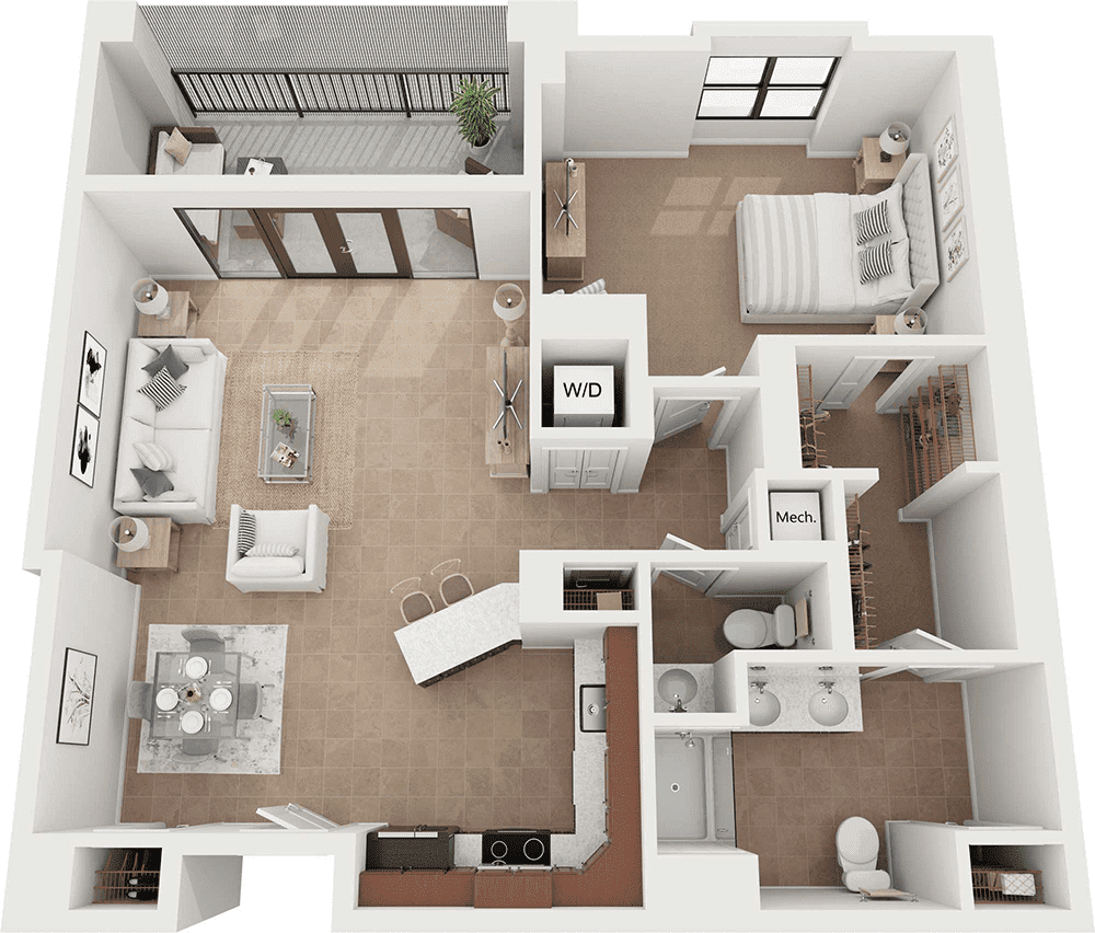 A senior apartment floor plan of The Brambling Plus, a one-bedroom apartment at The Arlington of Naples in Florida.