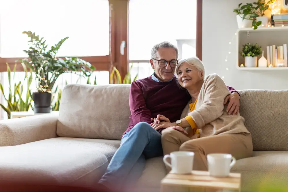 a senior couple sitting on the couch in their apartment