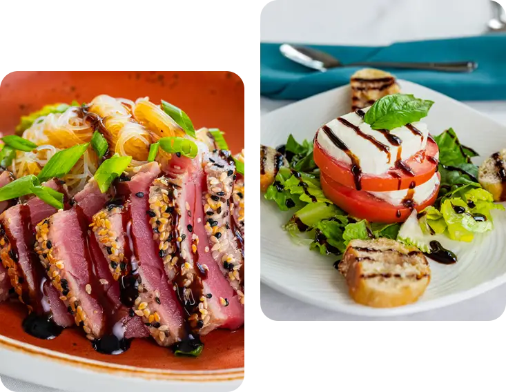 Two plates of food: on the left, sesame-crusted seared tuna with noodles and scallions; on the right, a Caprese salad with tomato, mozzarella, basil, greens, grilled bread, and balsamic drizzle.